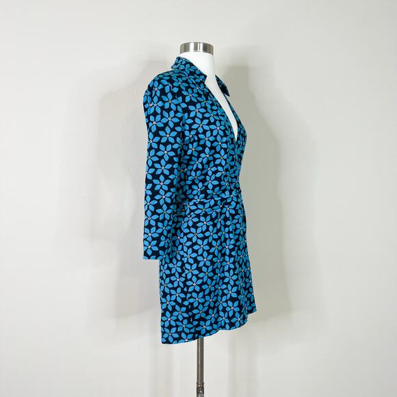 DVF | Celeste Floral Wrap Blue Black Cotton Silk Designer Romper No Size Tag EUC - Picture 4 of 10